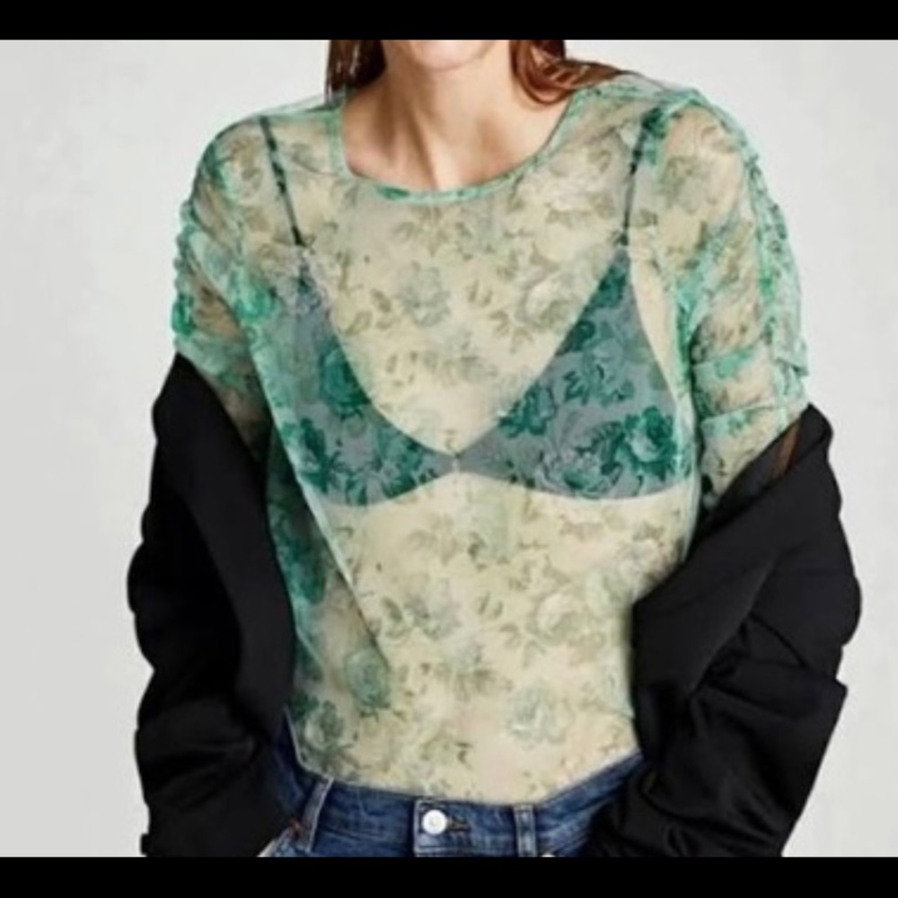 NWT zara green mesh floral top